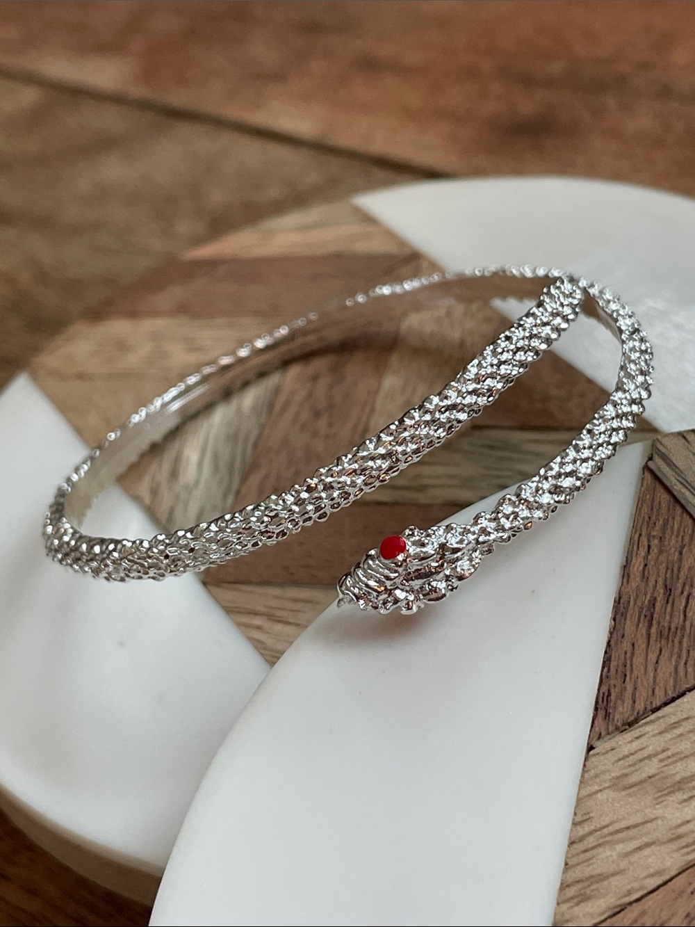 Sterling Silver Snake Bangle Bracelet with Red Accent
